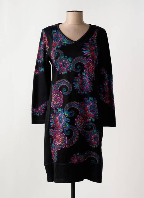 Robe mi-longue imprimé fleurs manches longues noir GUY DUBOUIS femme