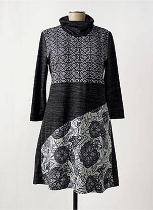 Robe mi-longue imprimé fantaisie manches longues noir SMASH WEAR femme