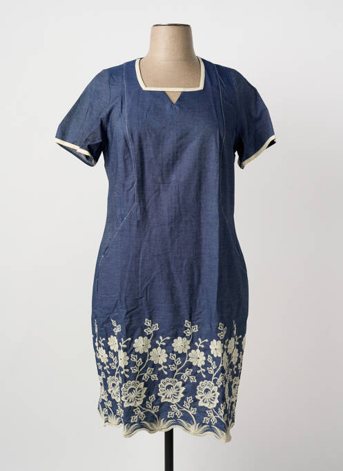 Robe mi-longue fermeture zippée au dos manches courtes bleu GUY DUBOUIS femme