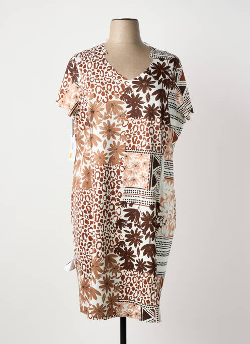 Robe mi-longue imprimé fantaisie manches courtes beige GUY DUBOUIS femme