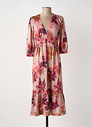 Robe mi-longue imprimé fleurs manches 3/4 rose MEISÏE femme
