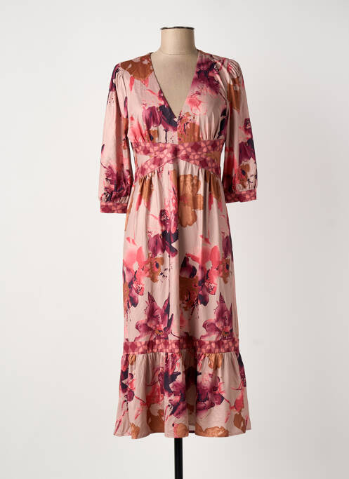 Robe mi-longue imprimé fleurs manches 3/4 rose MEISÏE femme