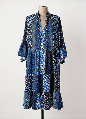 Robe mi-longue imprimé fantaisie manches longues bleu ICONIQUE femme