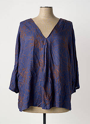 Blouse tissage popeline manches 3/4 bleu POISSONS BLANCS femme