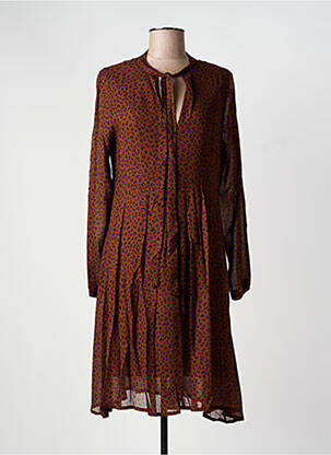 Robe mi-longue tissage crêpe manches longues marron NINATI femme