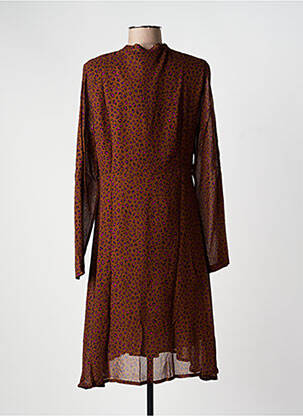 Robe mi-longue tissage crêpe manches longues marron NINATI femme