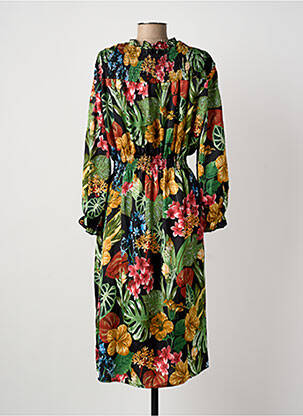 Robe mi-longue imprimé fleurs manches longues noir QUEEN'S femme