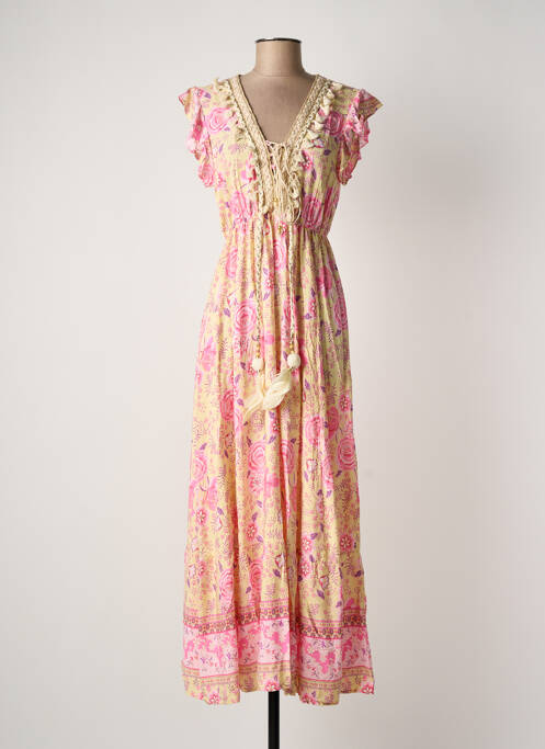 Robe longue imprimé fleurs manches courtes jaune LAST QUEEN femme
