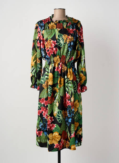 Robe mi-longue imprimé fleurs manches longues noir QUEEN'S femme