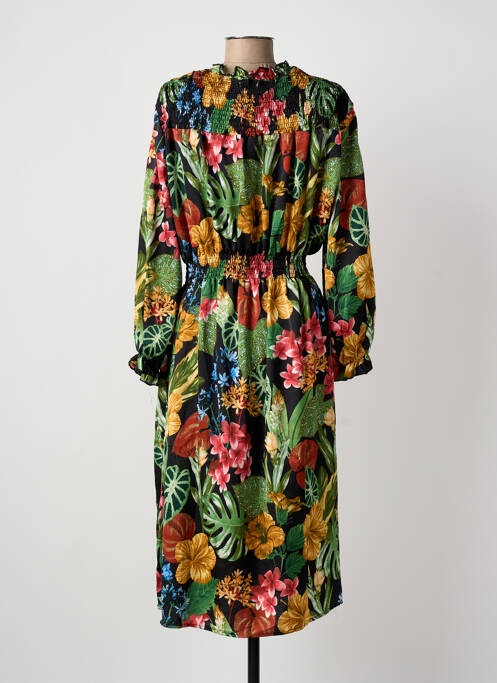 Robe mi-longue imprimé fleurs manches longues noir QUEEN'S femme