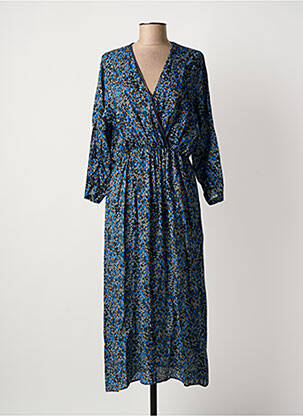 Robe longue tissage crêpe manches 3/4 bleu EVA KAYAN femme