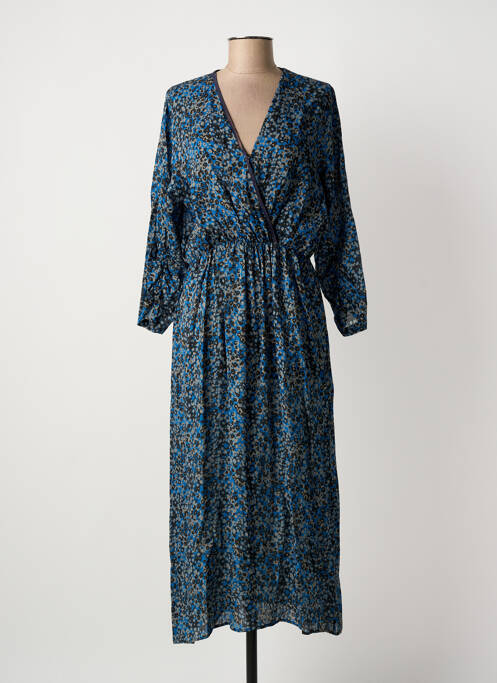 Robe longue tissage crêpe manches 3/4 bleu EVA KAYAN femme