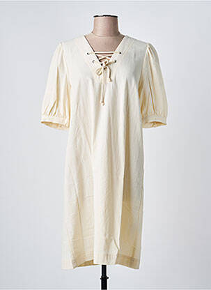 Robe mi-longue tissage crêpe manches courtes beige ICHI femme