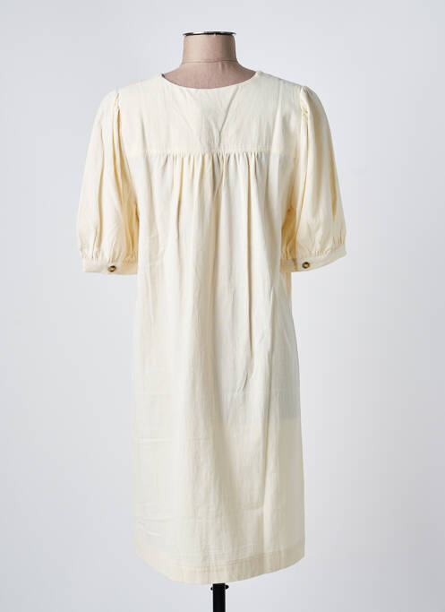 Robe mi-longue tissage crêpe manches courtes beige ICHI femme