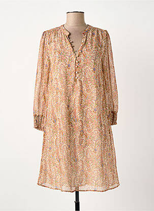Robe mi-longue imprimé fleurs manches longues beige ELORA femme