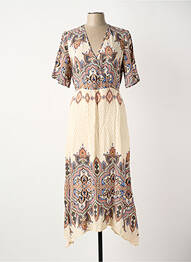 Robe longue imprimé fantaisie manches courtes beige ELORA femme