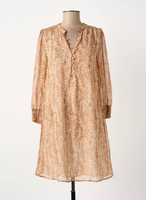 Robe mi-longue imprimé fleurs manches longues beige ELORA femme