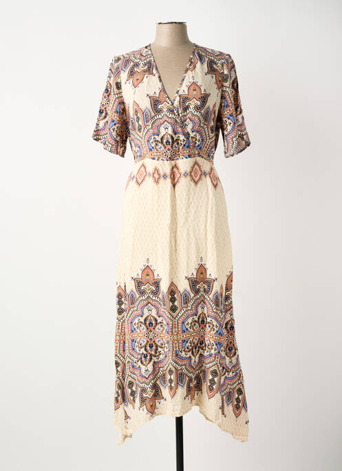 Robe longue imprimé fantaisie manches courtes beige ELORA femme