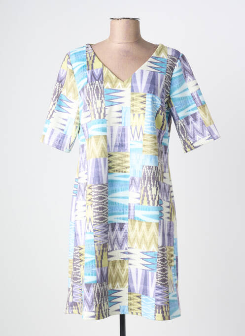 Robe mi-longue imprimé fantaisie manches courtes bleu HALOGENE femme