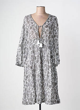 Robe mi-longue imprimé fleurs manches longues gris CHICOSOLEIL femme