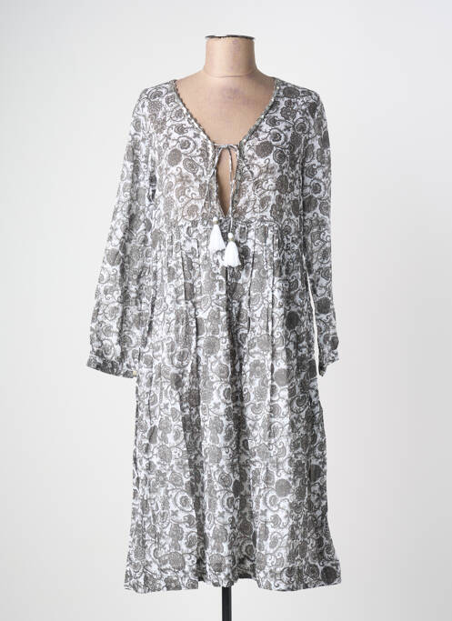 Robe mi-longue imprimé fleurs manches longues gris CHICOSOLEIL femme
