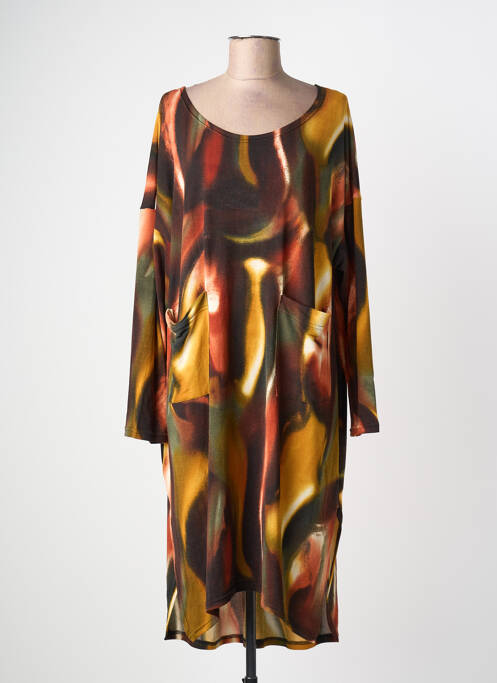Robe mi-longue imprimé fantaisie manches longues orange 100 % FEMININ PARIS femme
