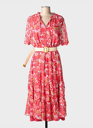 Robe mi-longue imprimé fleurs manches courtes rouge CHRISTINE LAURE femme