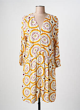 Robe mi-longue tissage crêpe manches longues jaune STORIATIPIC femme