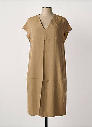 Robe mi-longue tissage crêpe manches courtes marron OUI femme