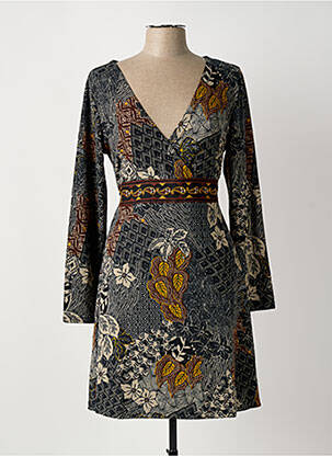 Robe mi-longue imprimé fleurs manches longues noir PALME femme