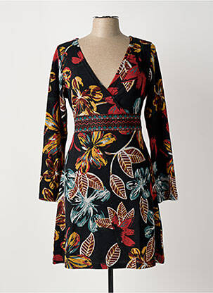 Robe mi-longue imprimé fleurs manches longues noir PALME femme
