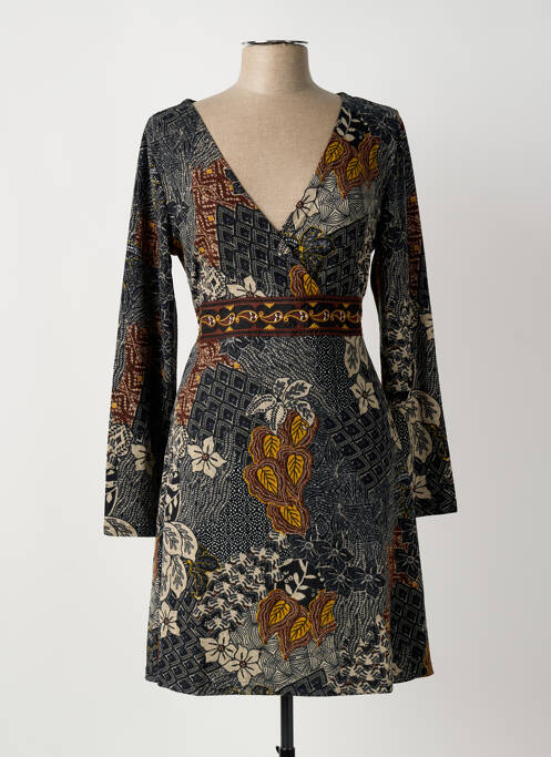 Robe mi-longue imprimé fleurs manches longues noir PALME femme