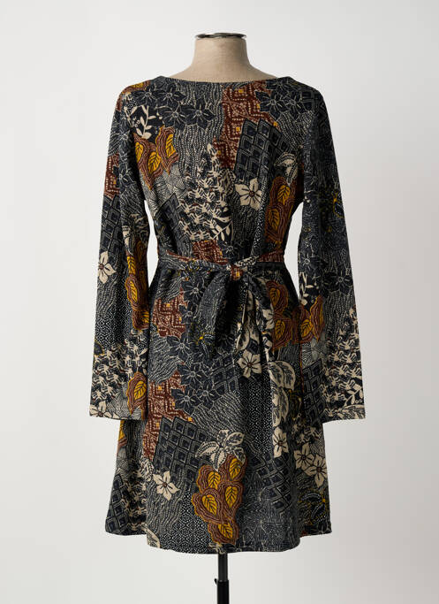 Robe mi-longue imprimé fleurs manches longues noir PALME femme