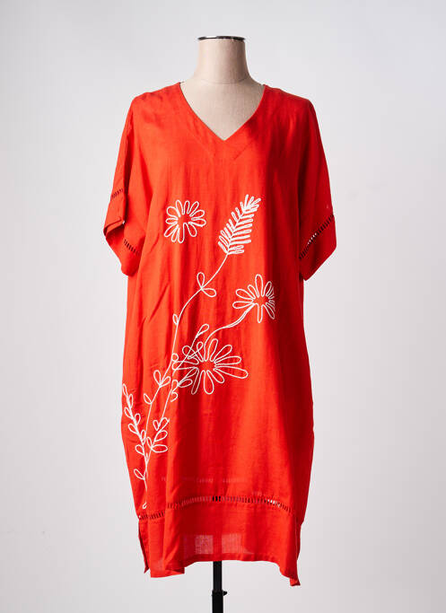 Robe mi-longue tissage crêpe manches courtes orange EGATEX femme