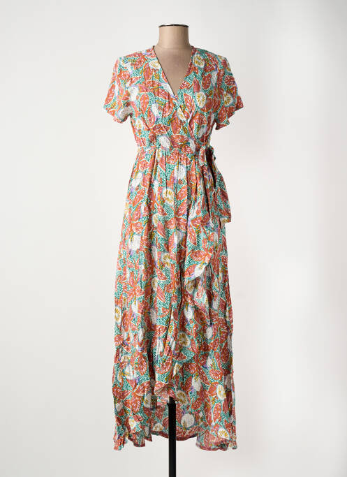 Robe longue imprimé fantaisie manches courtes orange ROSA FASHION femme