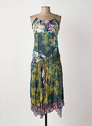 Robe mi-longue imprimé fleurs fines bretelles vert DISLAY femme