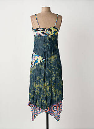 Robe mi-longue imprimé fleurs fines bretelles vert DISLAY femme