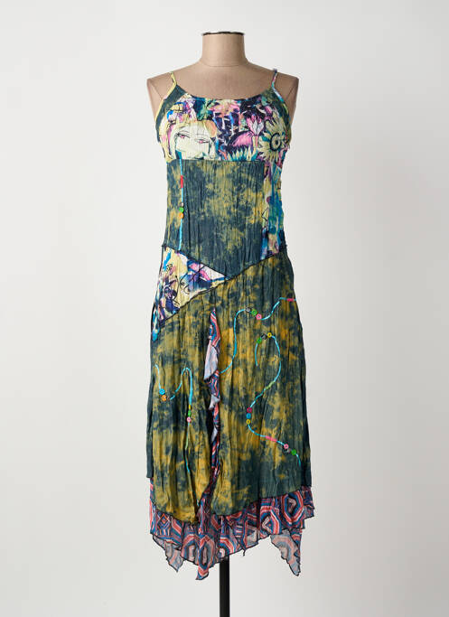 Robe mi-longue imprimé fleurs fines bretelles vert DISLAY femme