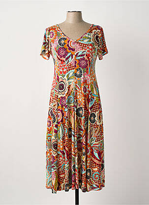 Robe mi-longue imprimé fleurs manches courtes orange ATLANTA femme