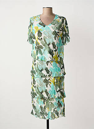 Robe mi-longue imprimé fleurs manches courtes vert FRANK WALDER femme