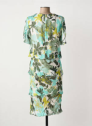 Robe mi-longue imprimé fleurs manches courtes vert FRANK WALDER femme