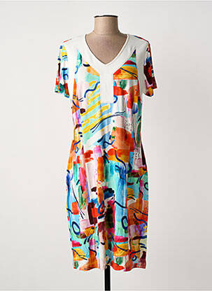 Robe mi-longue imprimé fleurs manches courtes blanc GUY DUBOUIS femme