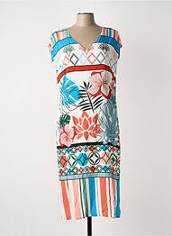 Robe mi-longue imprimé fleurs manches courtes blanc GUY DUBOUIS femme