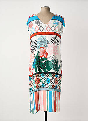 Robe mi-longue imprimé fleurs manches courtes blanc GUY DUBOUIS femme