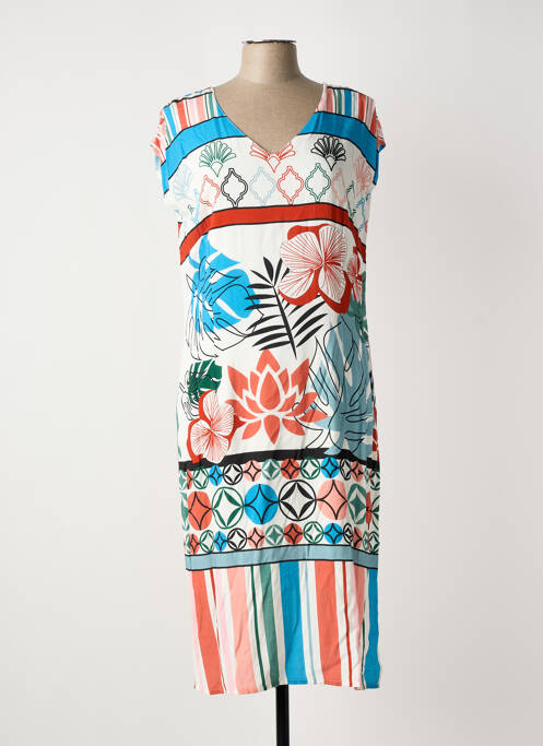 Robe mi-longue imprimé fleurs manches courtes blanc GUY DUBOUIS femme