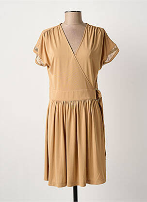 Robe mi-longue tissage crêpe manches courtes marron ANANKE femme