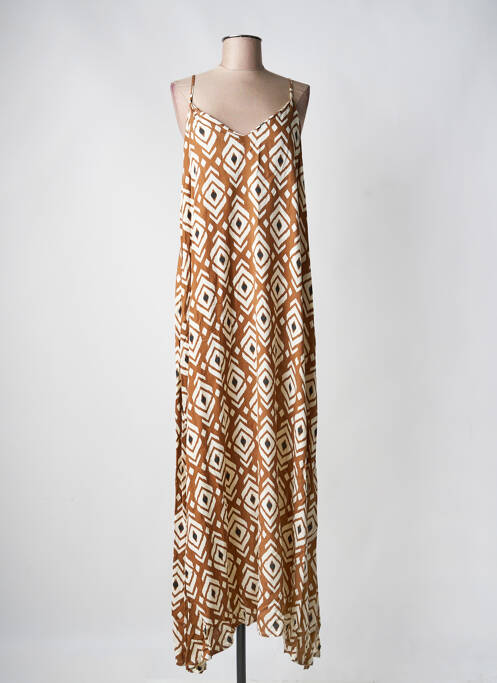 Robe longue imprimé fantaisie fines bretelles marron LOSAN femme