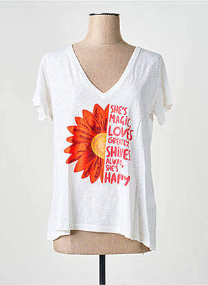 T-shirt sérigraphie floquée manches courtes blanc HAPPY femme