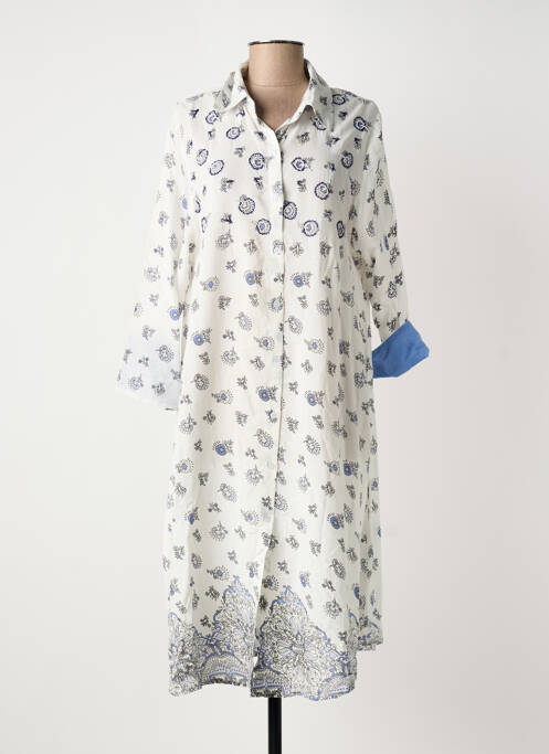 Robe mi-longue imprimé fleurs manches longues blanc ICONIQUE femme