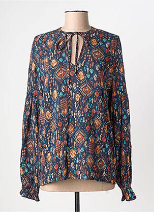 Blouse tissage popeline manches longues bleu GEISHA femme
